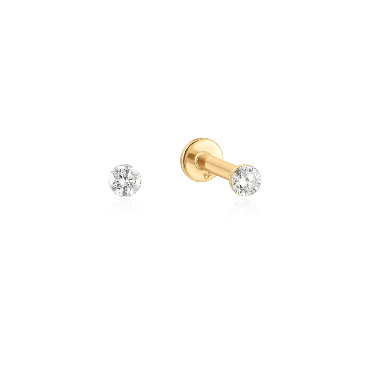 2mm round lab diamond threaded flat back stud in 14K yellow gold