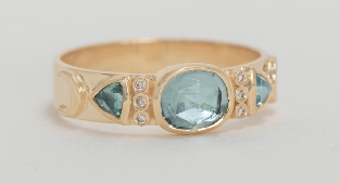 Blue tourmaline totem ring in 14k yellow gold with rose cut diamonds by Celine Daoust.
