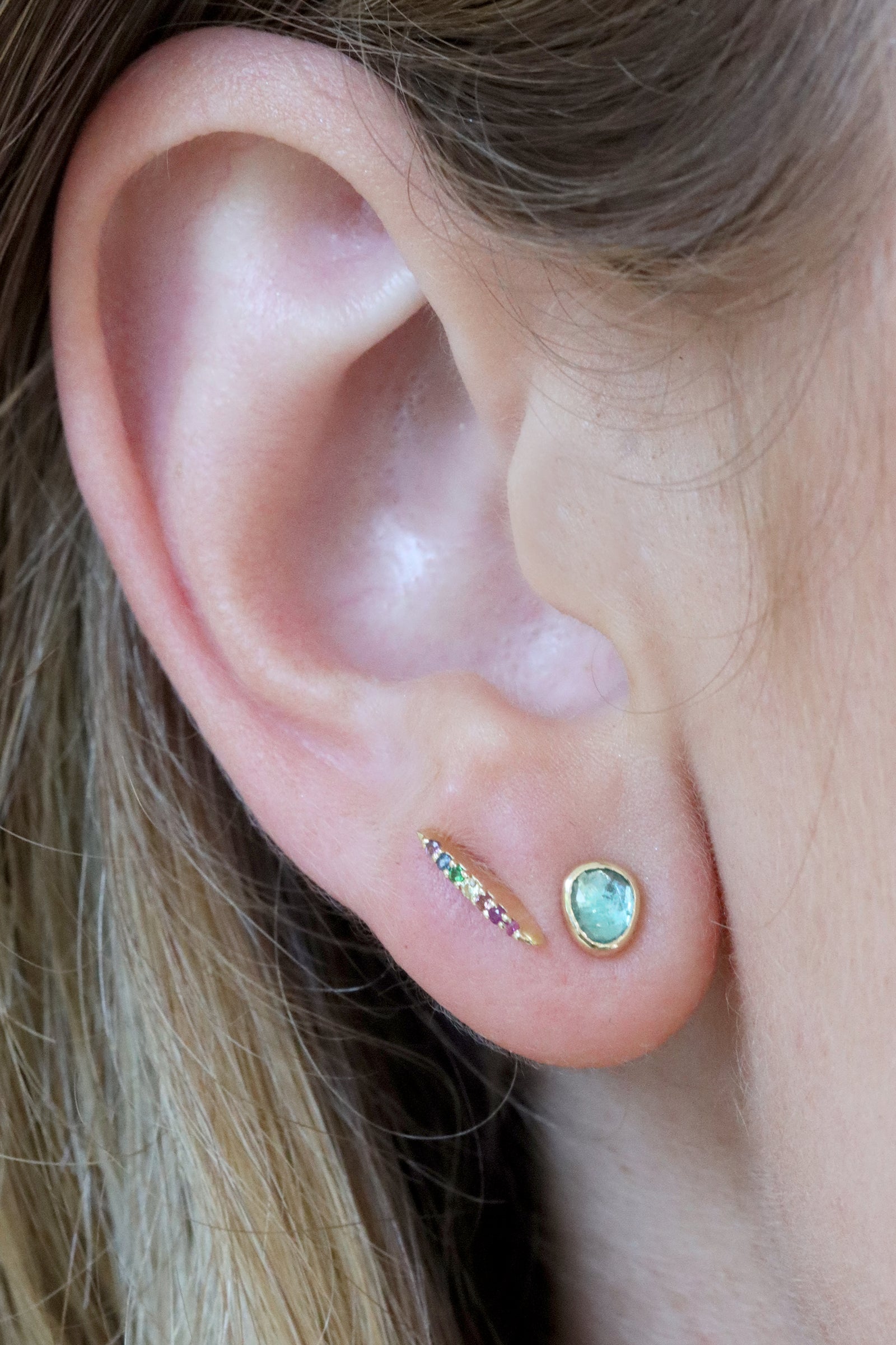 Rainbow gemstone sunbeam stud earrings in 14k yellow gold by Celine Daoust.