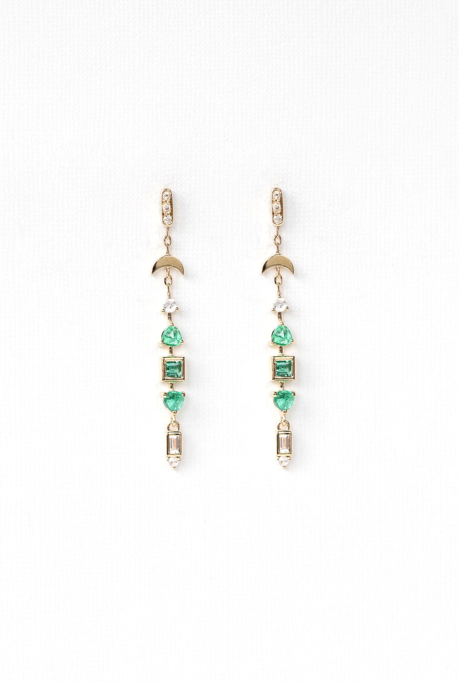 Totem earrings in 14k yellow gold with square and triangle emeralds and diamonds by Celine Daoust.