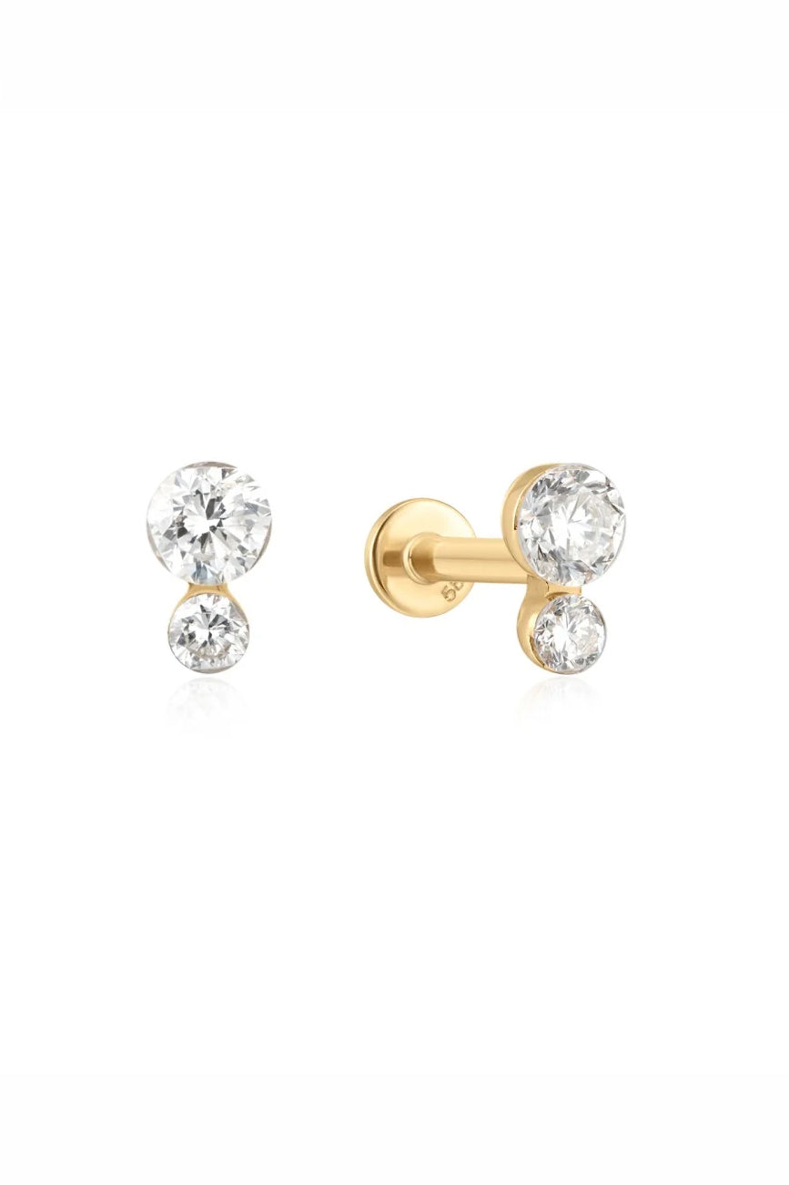 Graduated double lab diamond threaded flat back stud in 14K yellow gold