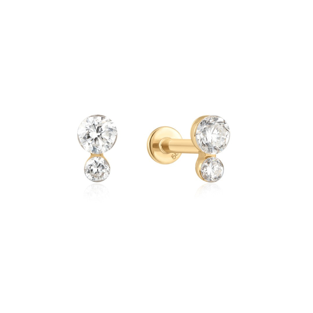 Graduated double lab diamond threaded flat back stud in 14K yellow gold