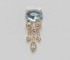 Close-up of the oval aquamarine and dangling diamonds on the jellyfish earring by Celine Daoust