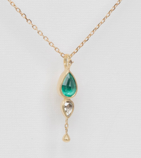 Celine Daoust emerald and grey diamond necklace with dangling detail in solid 14k yellow gold