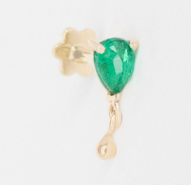 Emerald pear stud earring with dangling gold detail, threaded flatback, in 14k gold.