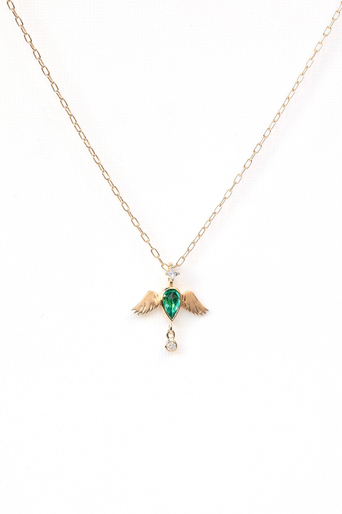 Celine Daoust pear emerald and diamonds angel chain necklace in solid 14k yellow gold