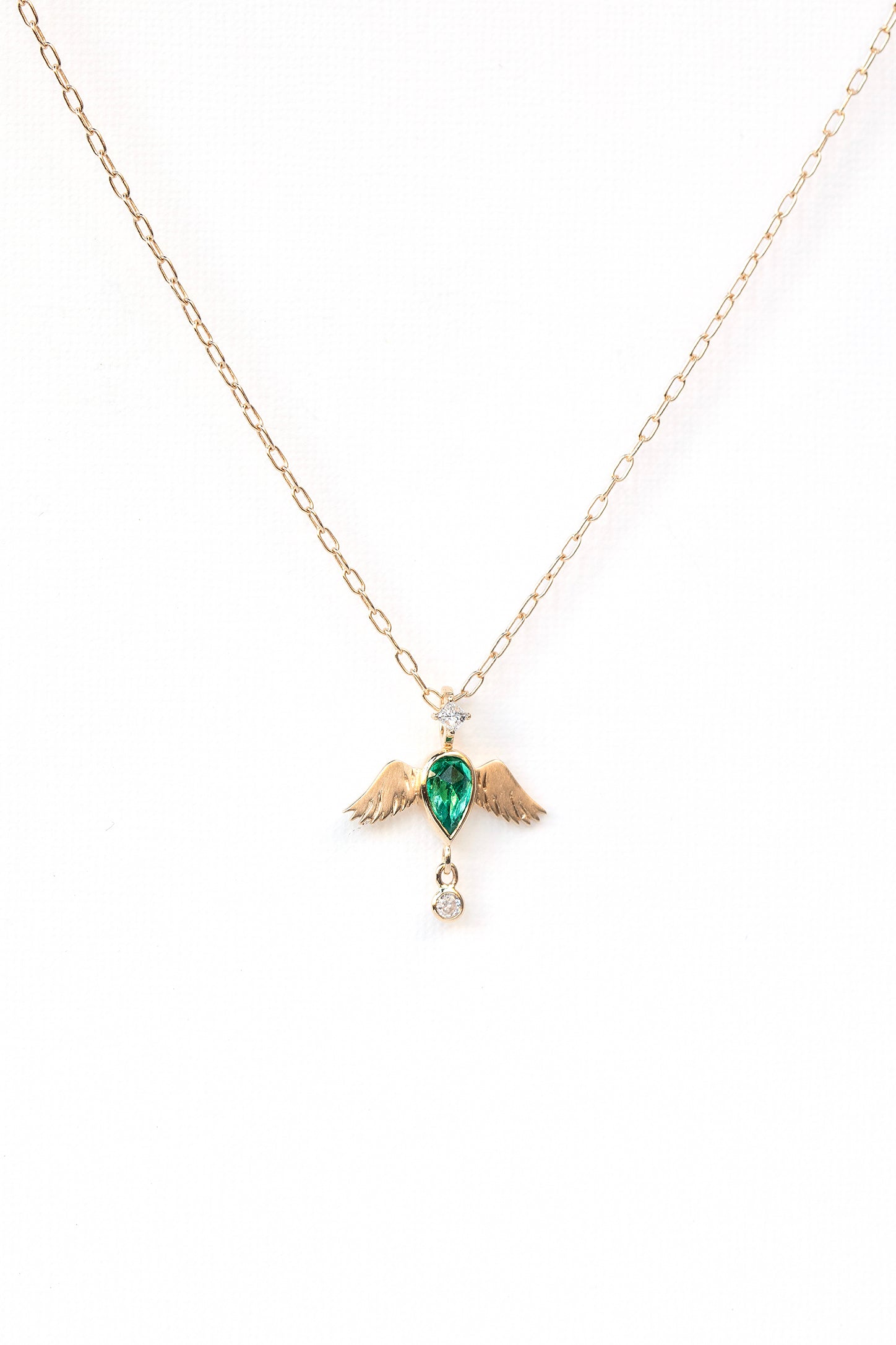 Celine Daoust pear emerald and diamonds angel chain necklace in solid 14k yellow gold