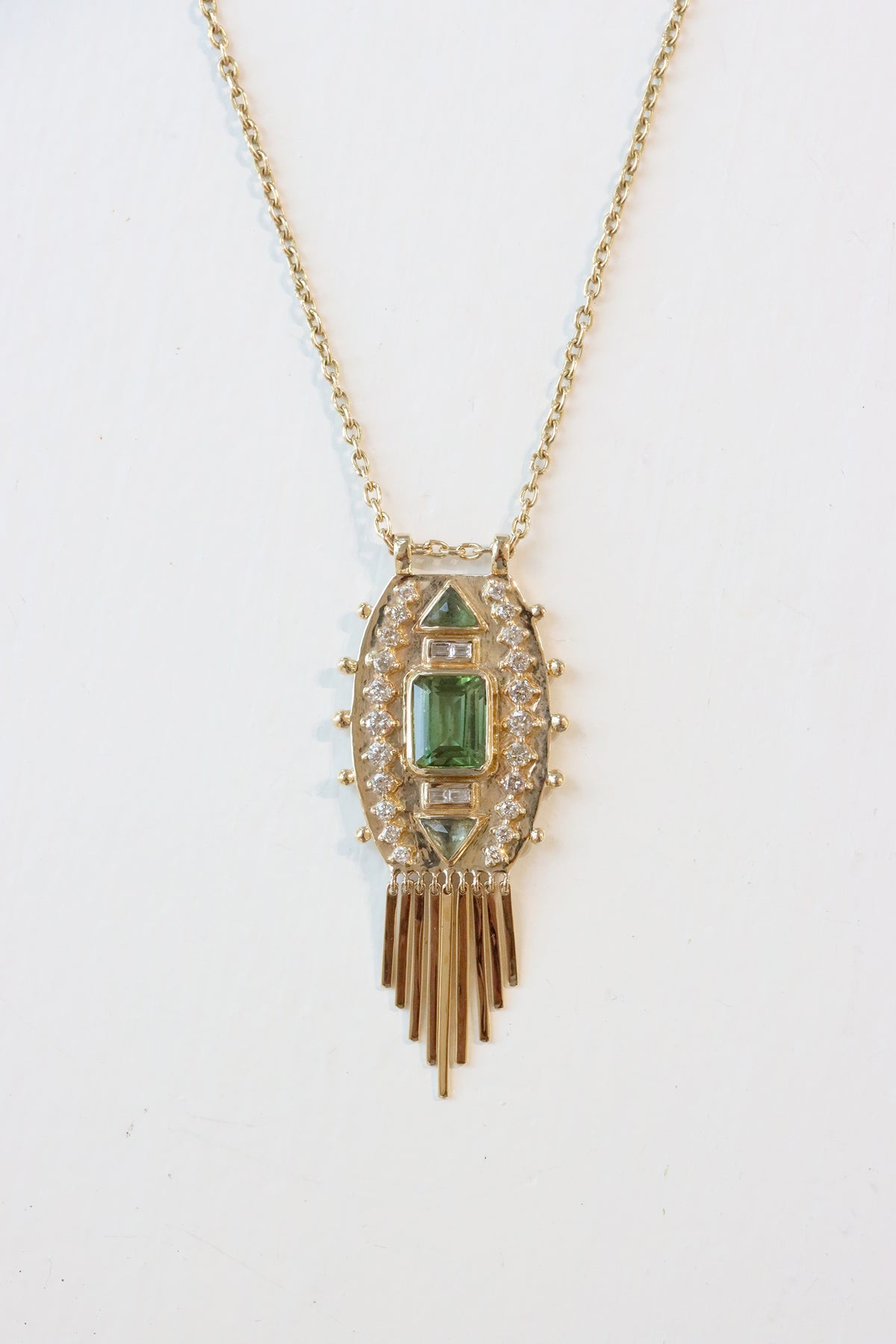 Totem tourmaline plate pendant necklace in 14k light yellow gold with diamonds by Celine Daoust