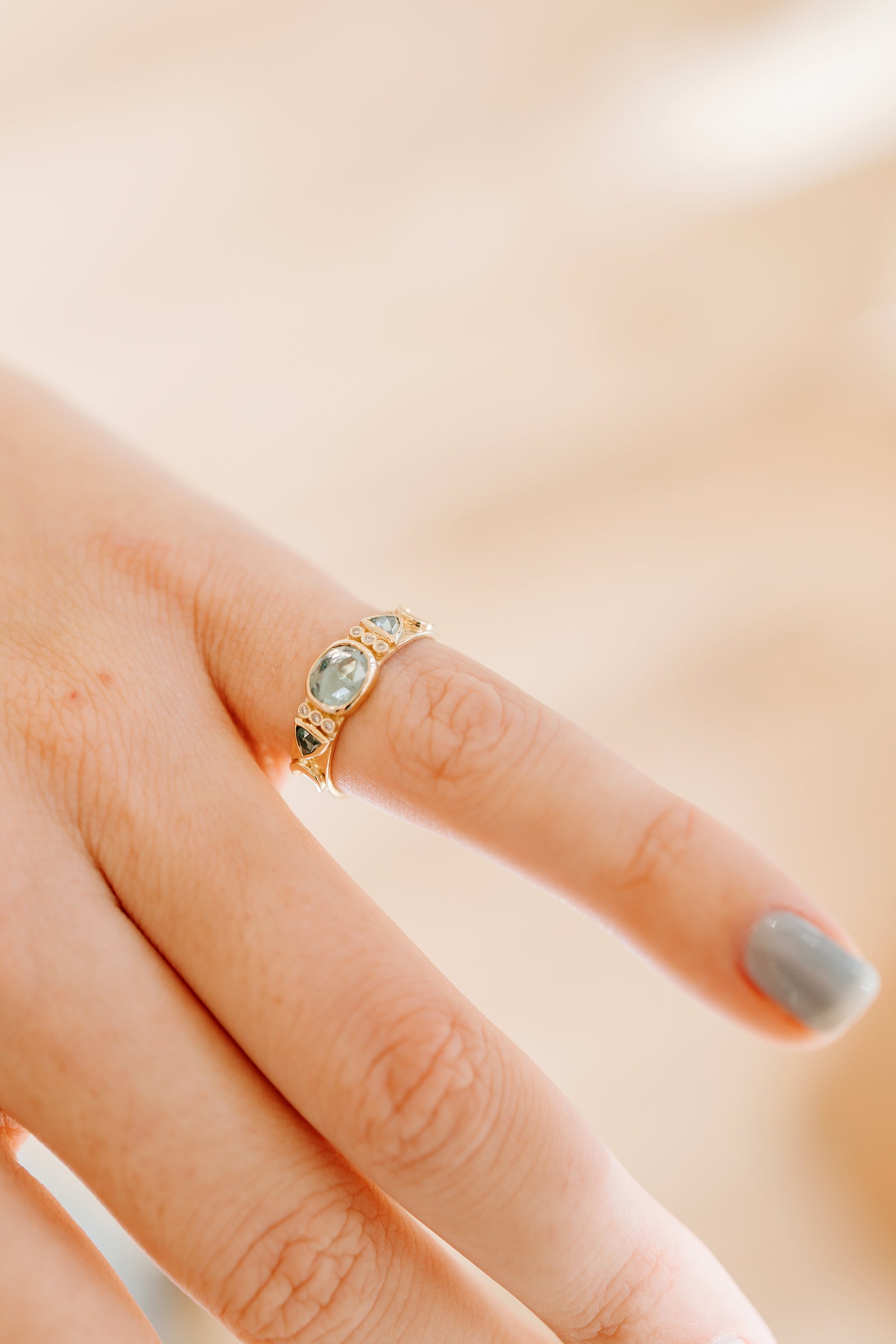 Blue tourmaline totem ring in 14k yellow gold with rose cut diamonds by Celine Daoust.