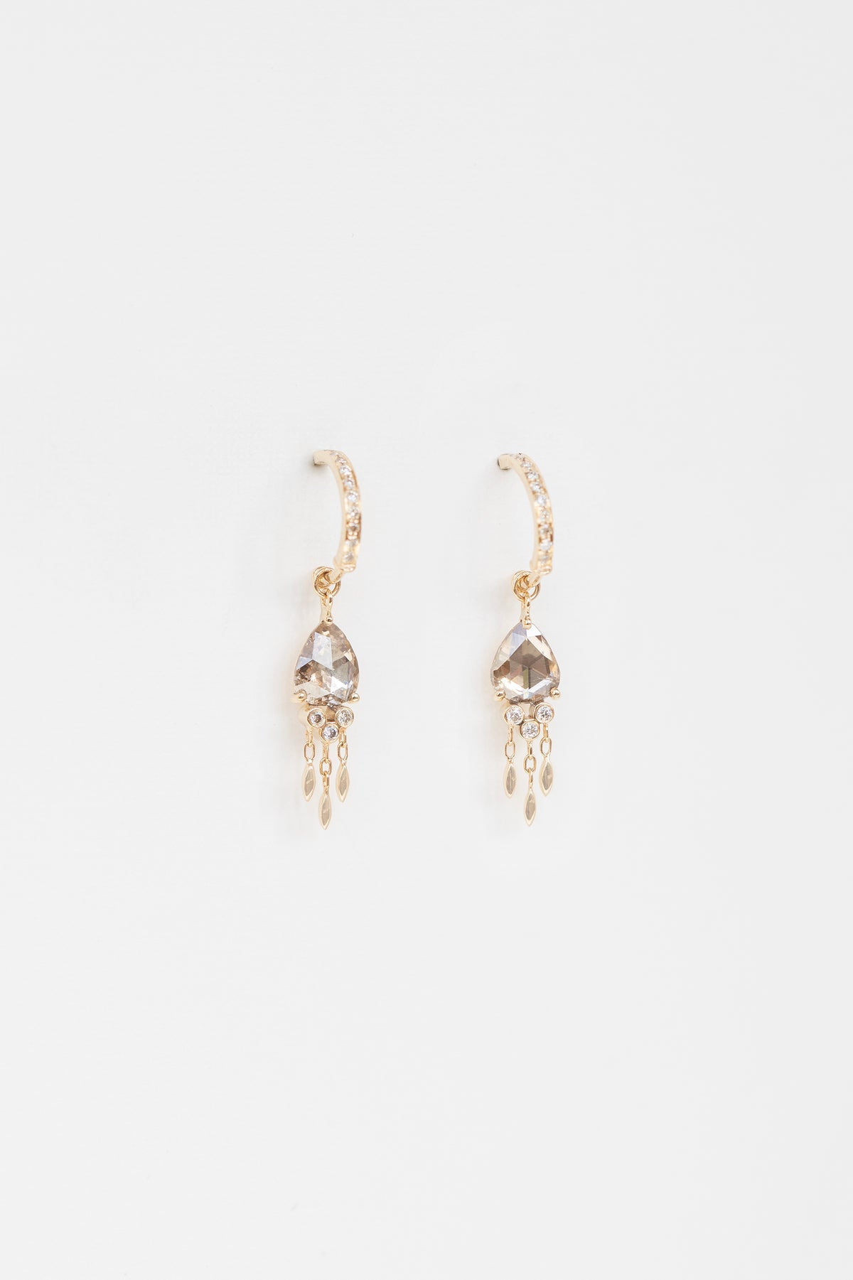 Céline Daoust rose cut champagne diamond pear and dangling diamond earrings in solid 14k yellow gold