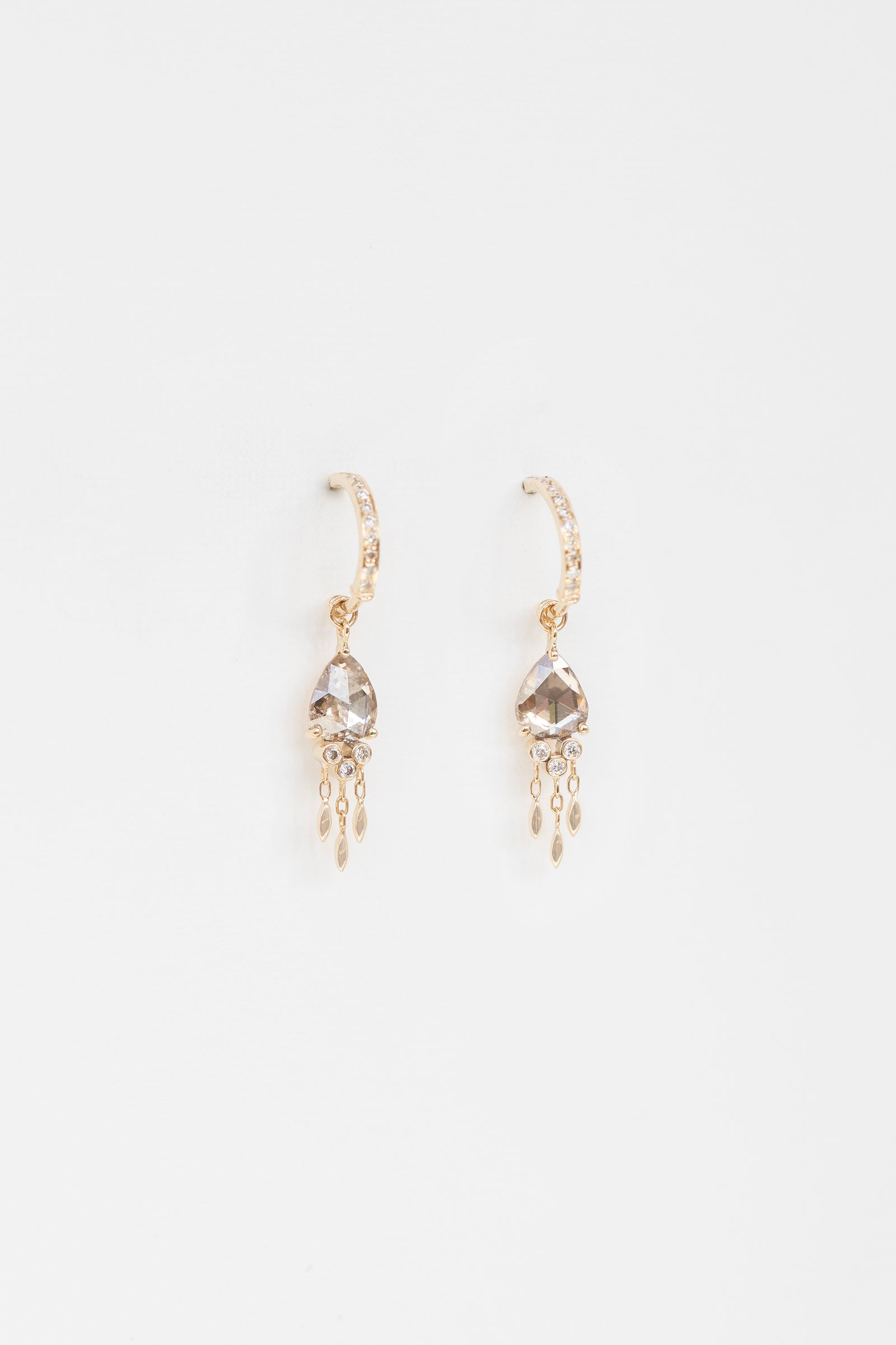 Céline Daoust rose cut champagne diamond pear and dangling diamond earrings in solid 14k yellow gold