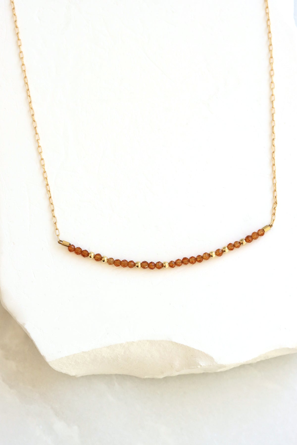 November birthstone bar necklace with citrine beads on a gold filled chain.