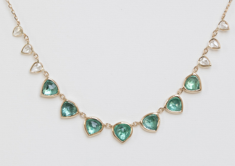 Multi emerald and rose cut diamond necklace in 14k yellow gold by Celine Daoust.