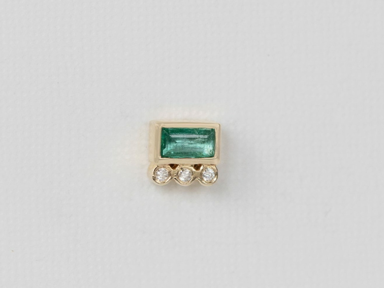 Emerald baguette and diamond single earring in 14k yellow gold by Celine Daoust.
