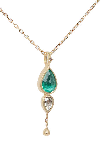 Celine Daoust emerald and grey diamond necklace with dangling detail in solid 14k yellow gold
