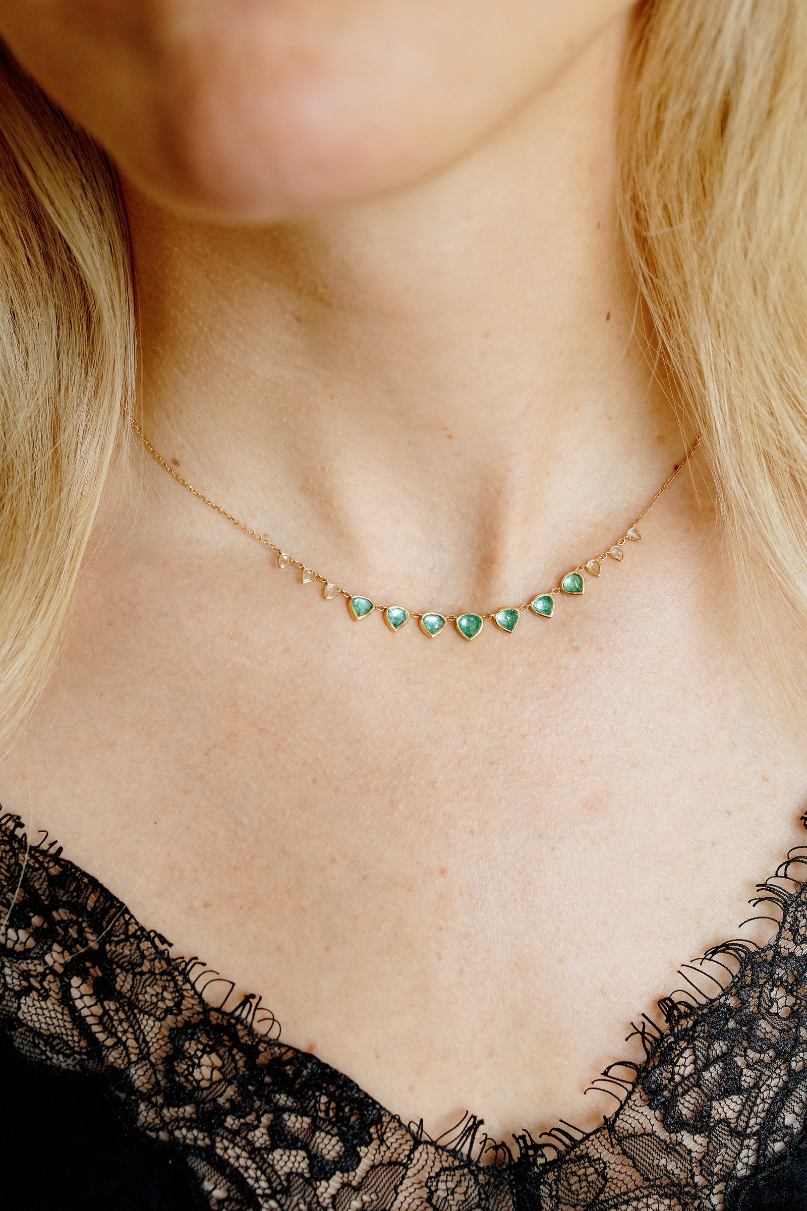 Multi emerald and rose cut diamond necklace in 14k yellow gold by Celine Daoust.