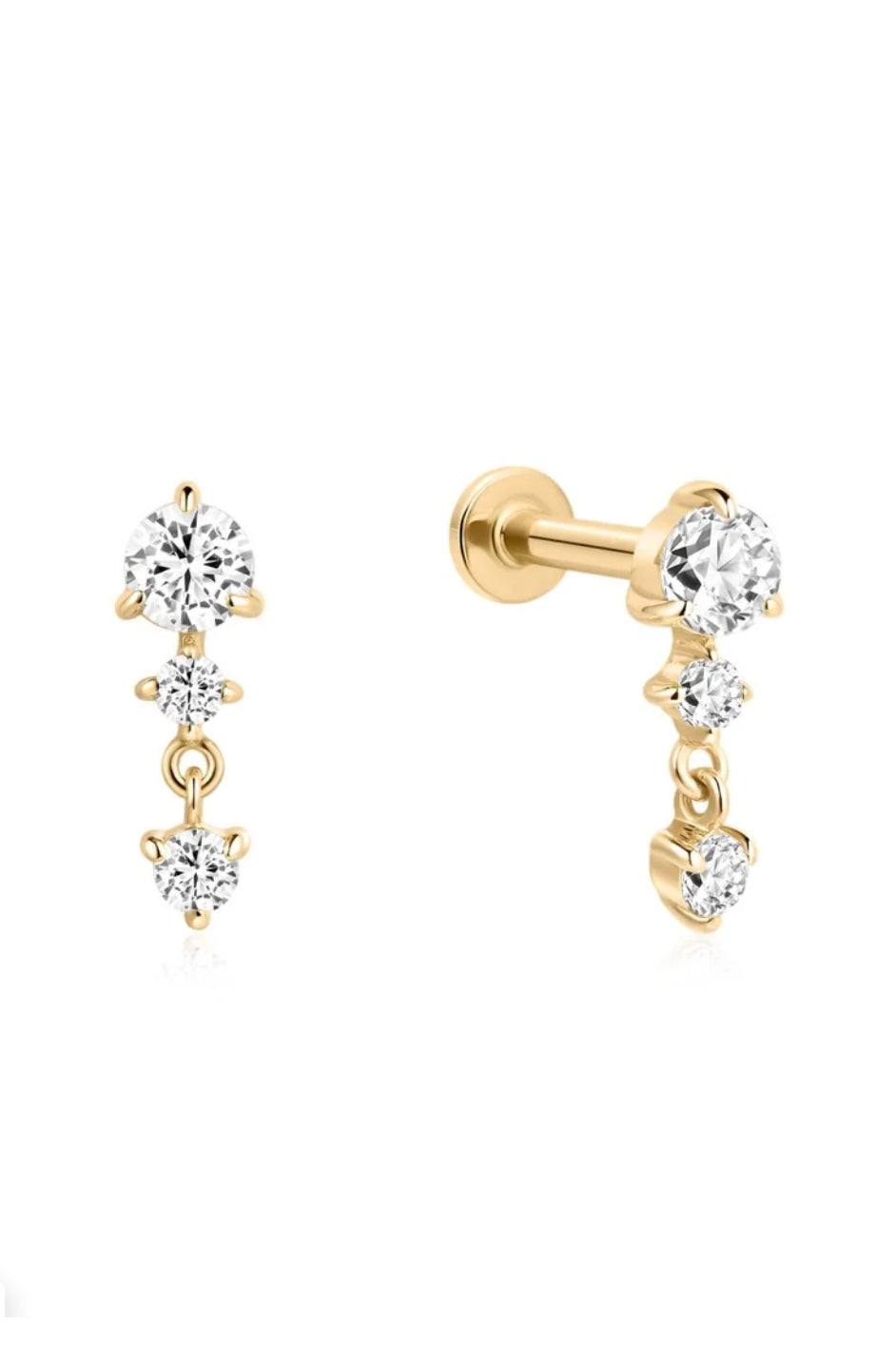 Triple lab diamond drop threaded flat back stud in 14K yellow gold