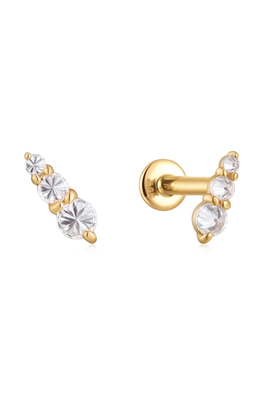 Three inverted round lab diamonds in a graduated curve on a 14K yellow gold threaded flat back stud