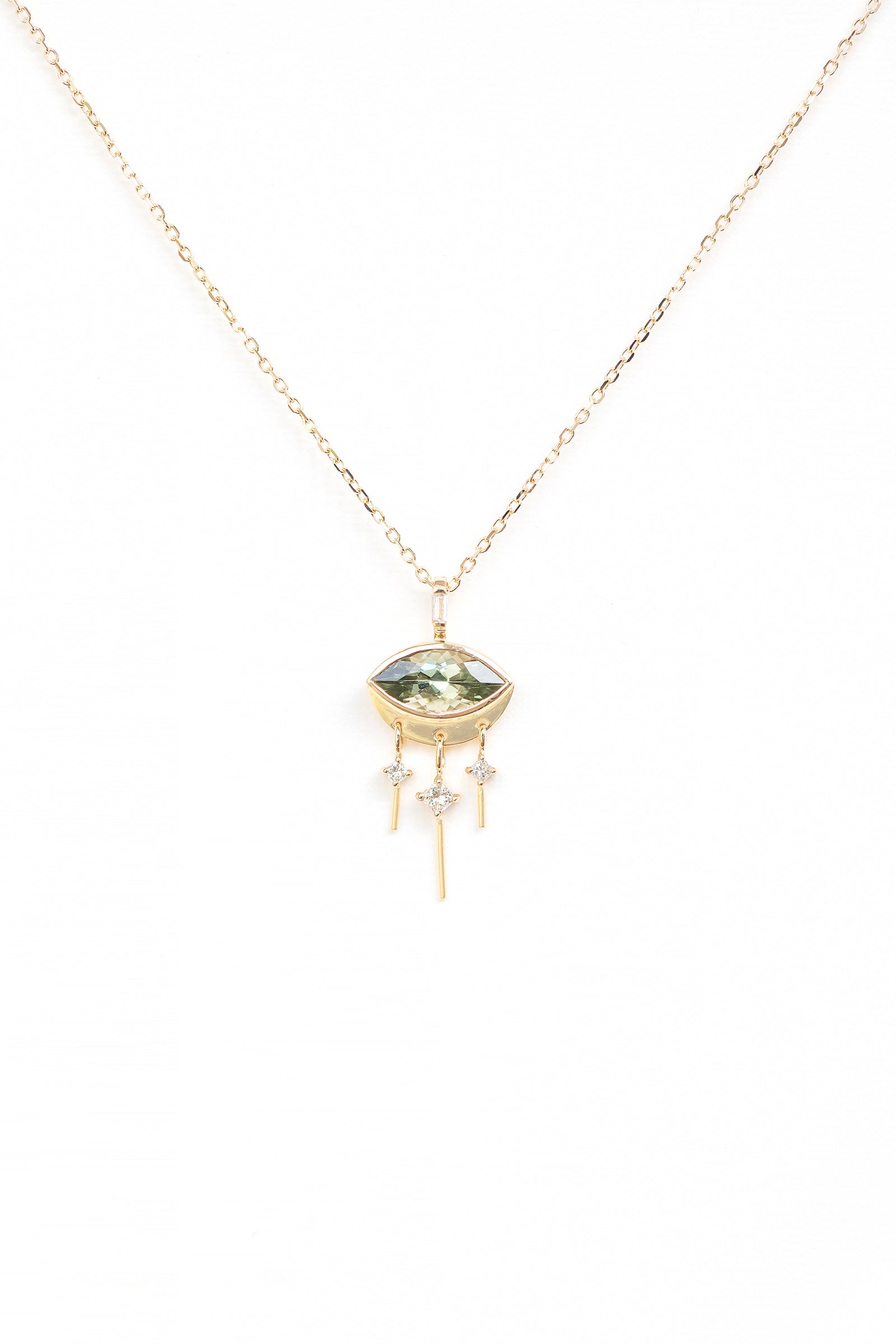 Celine Daoust tourmaline marquise eye and dangling diamonds chain necklace in 14k yellow gold