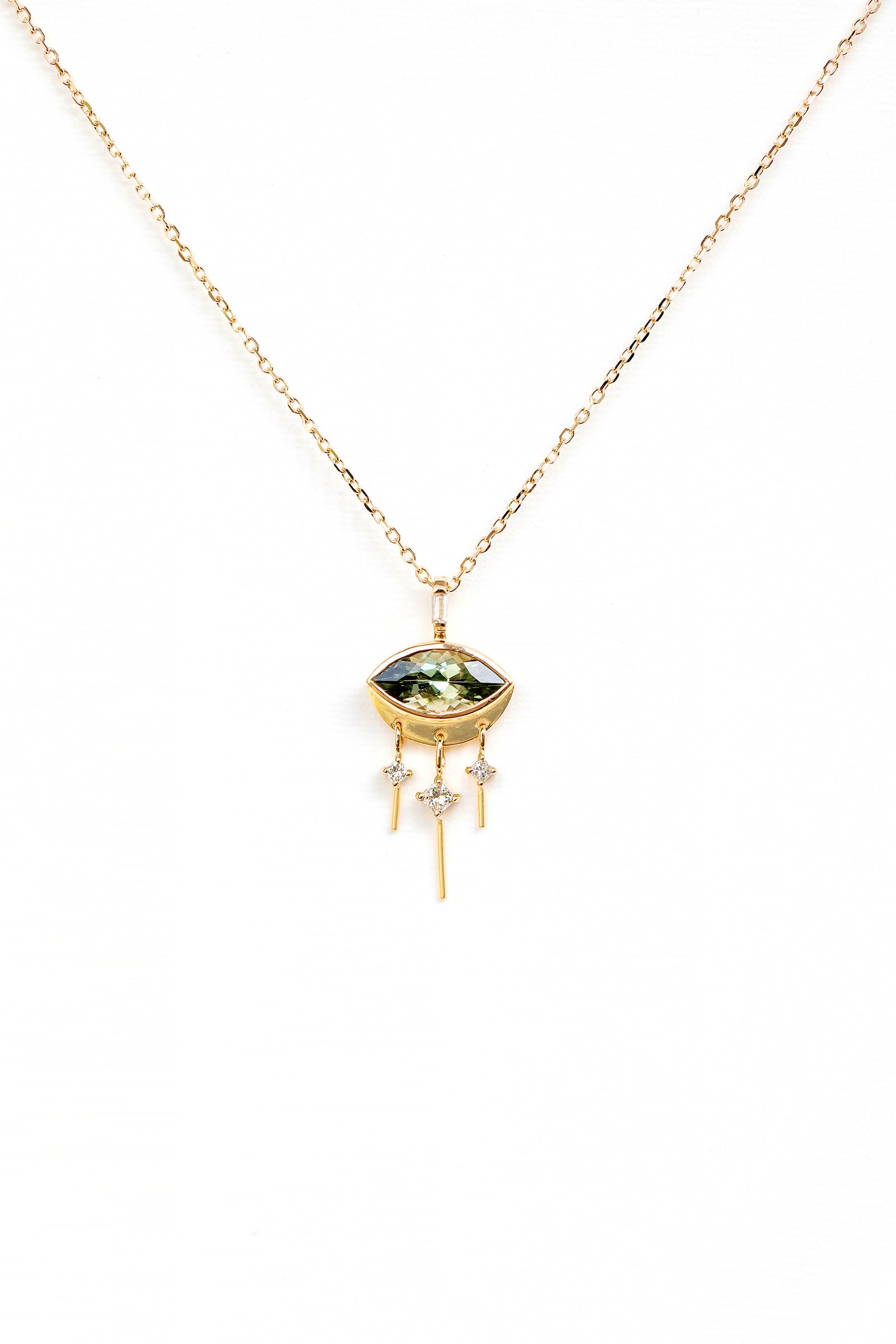 Celine Daoust tourmaline marquise eye and dangling diamonds chain necklace in 14k yellow gold