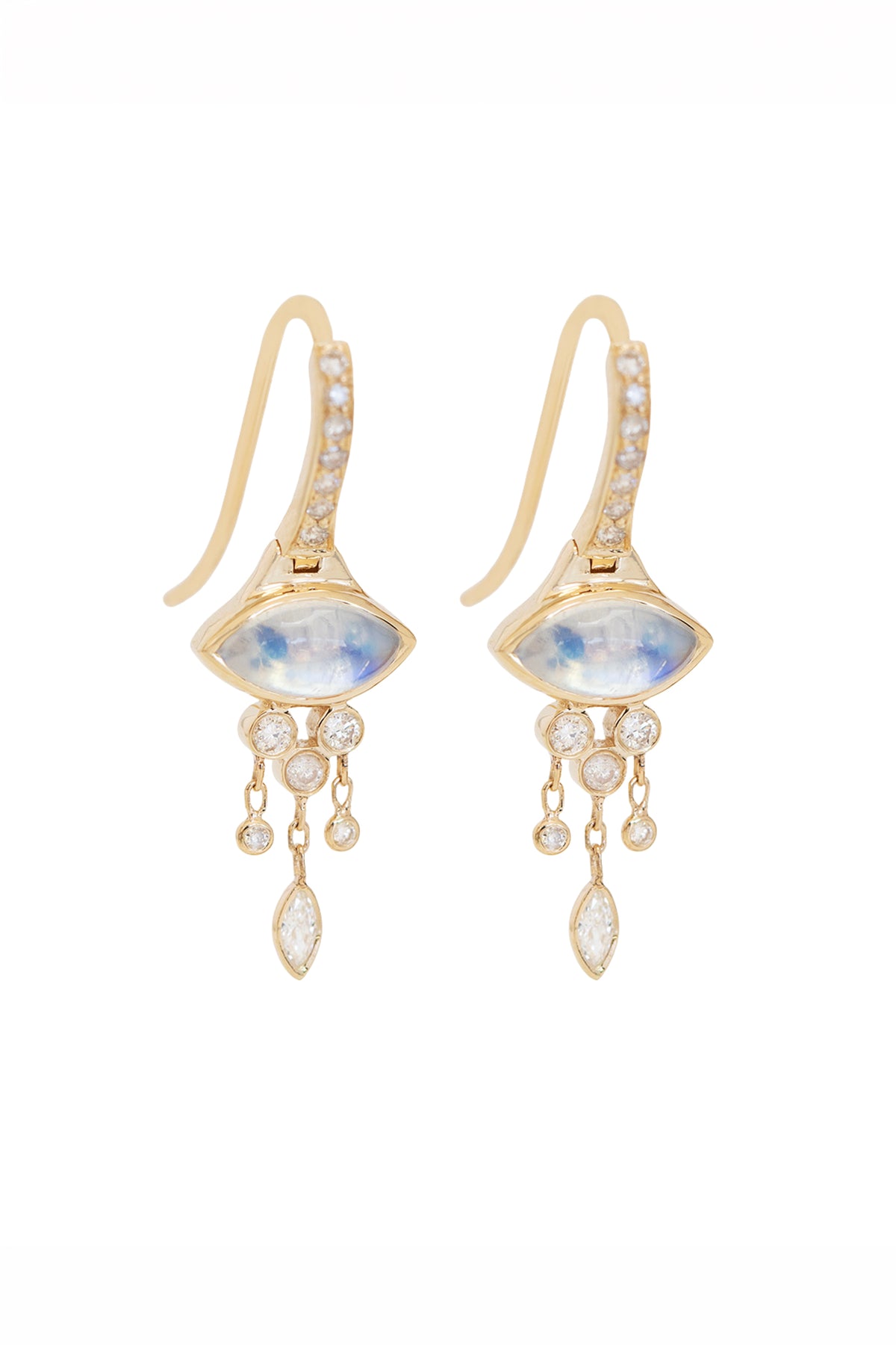 Céline Daoust marquise moonstone and diamond french hook earrings in solid 14k yellow gold