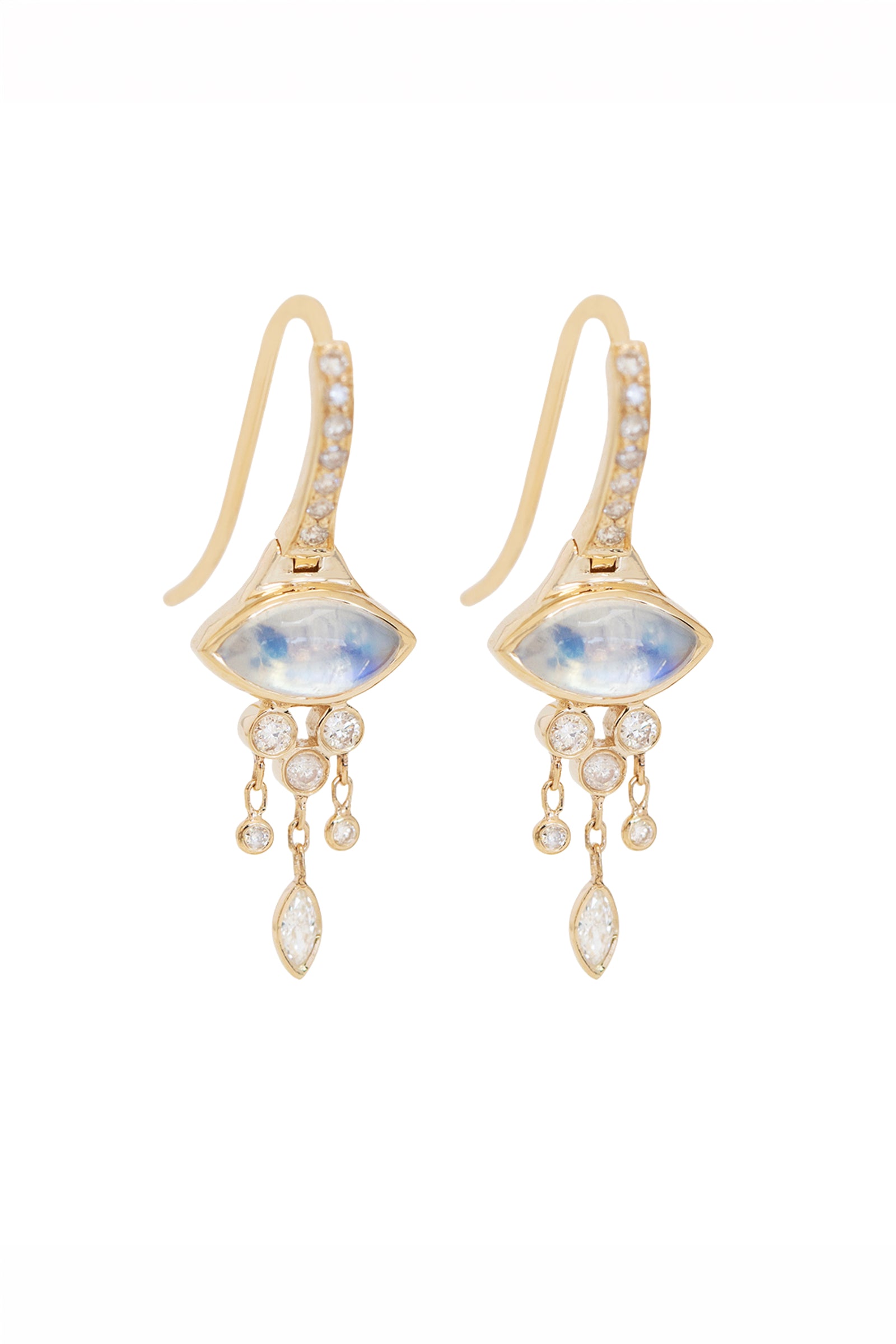 Céline Daoust marquise moonstone and diamond french hook earrings in solid 14k yellow gold