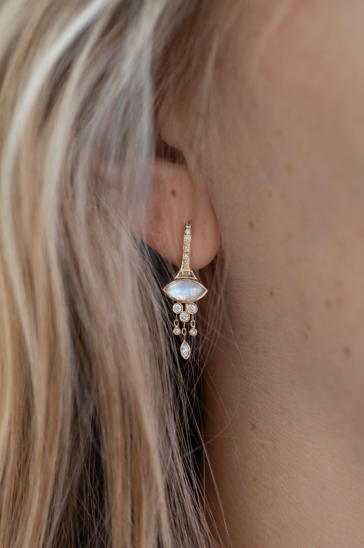 Céline Daoust marquise moonstone and diamond french hook earrings in solid 14k yellow gold