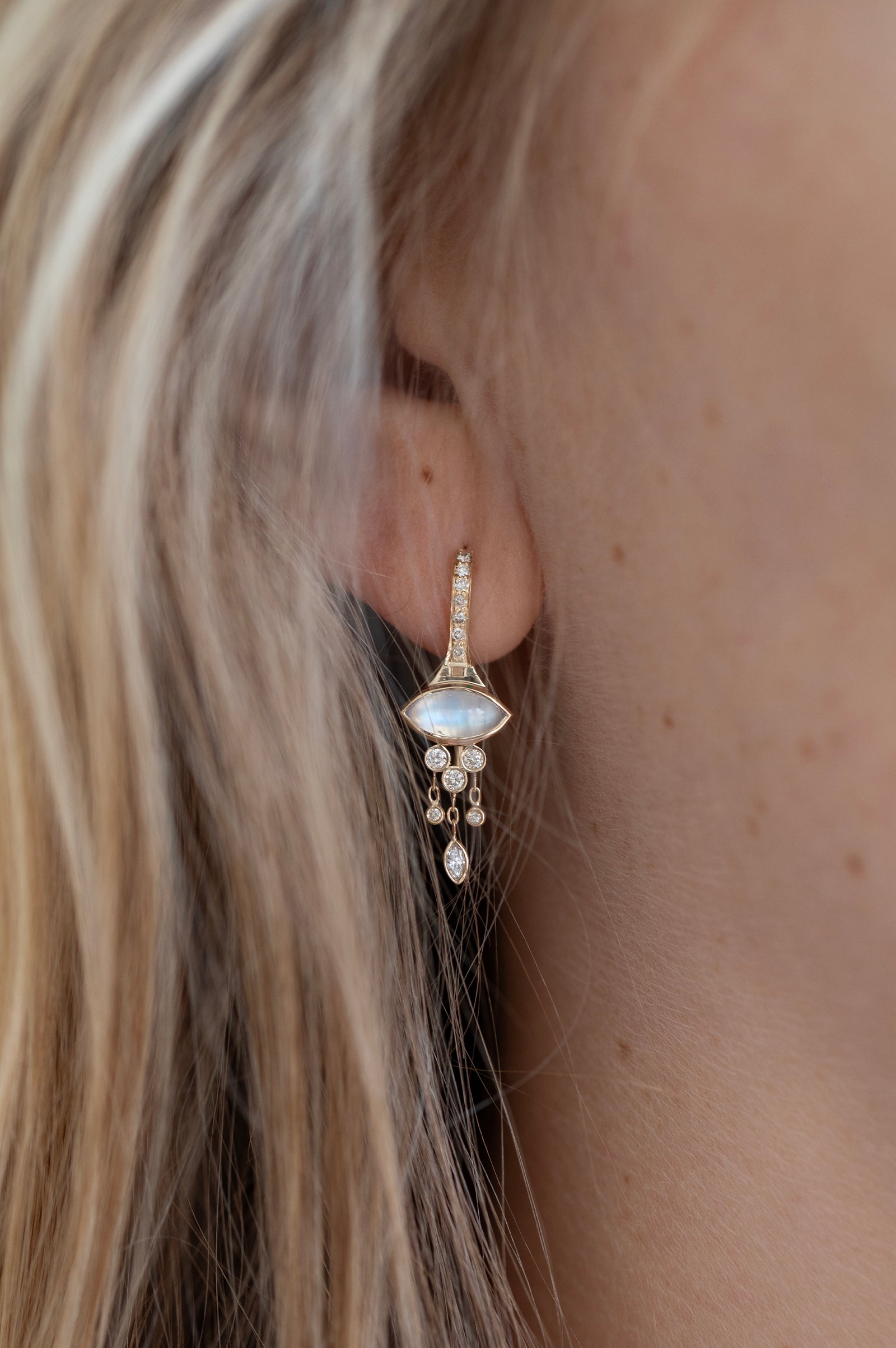 Céline Daoust marquise moonstone and diamond french hook earrings in solid 14k yellow gold