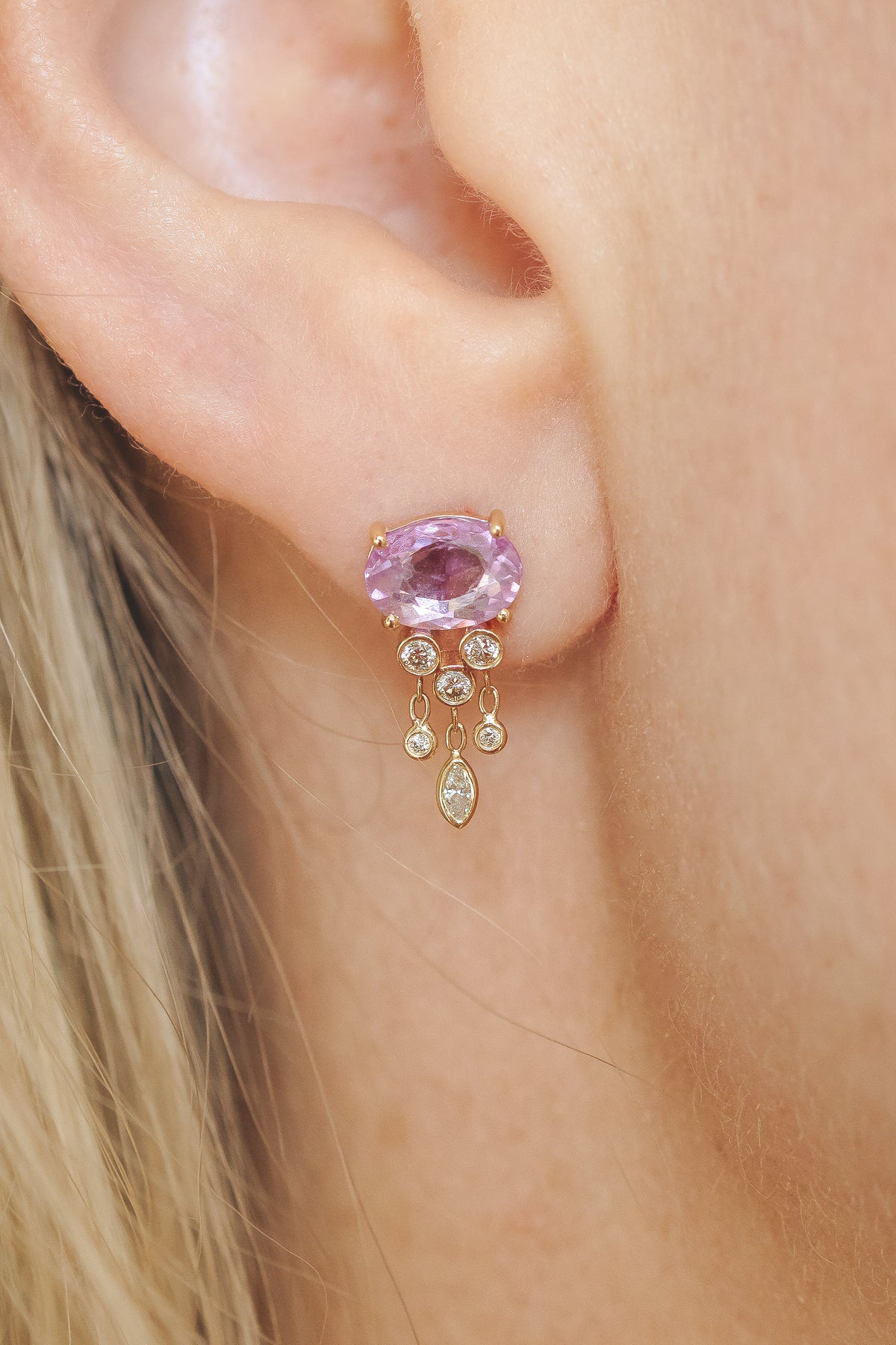 Celine Daoust pink sapphire and diamond jellyfish earrings in 14k yellow gold. Hand-selected gemstones. A one-of-a-kind piece, available at Mickey Lynn.