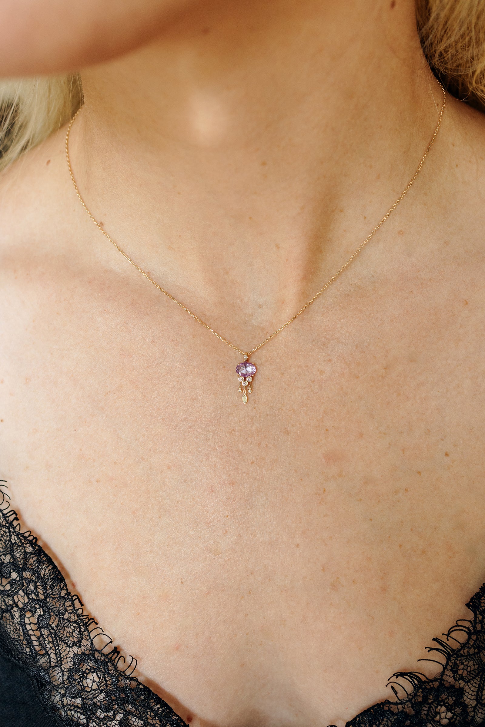 Pink sapphire and diamond jellyfish pendant necklace in 14k yellow gold by Celine Daoust."