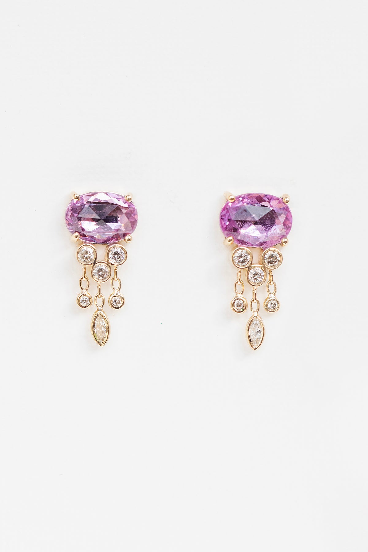Celine Daoust pink sapphire and diamond jellyfish earrings in 14k yellow gold. Hand-selected gemstones. A one-of-a-kind piece, available at Mickey Lynn.