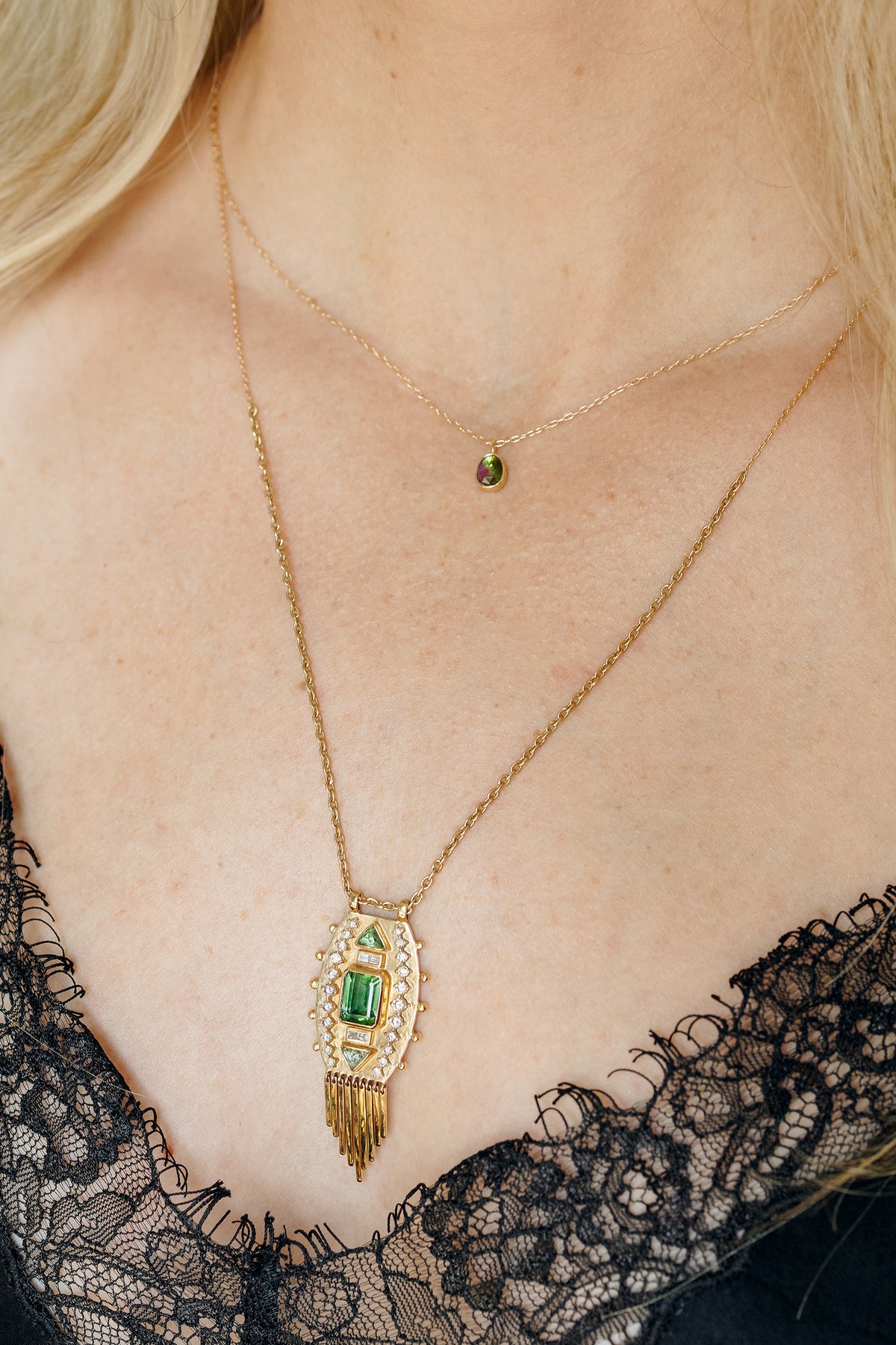Totem tourmaline plate pendant necklace in 14k light yellow gold with diamonds by Celine Daoust