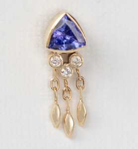 Triangle tanzanite and diamond single earring in 14k light yellow gold by Celine Daoust.