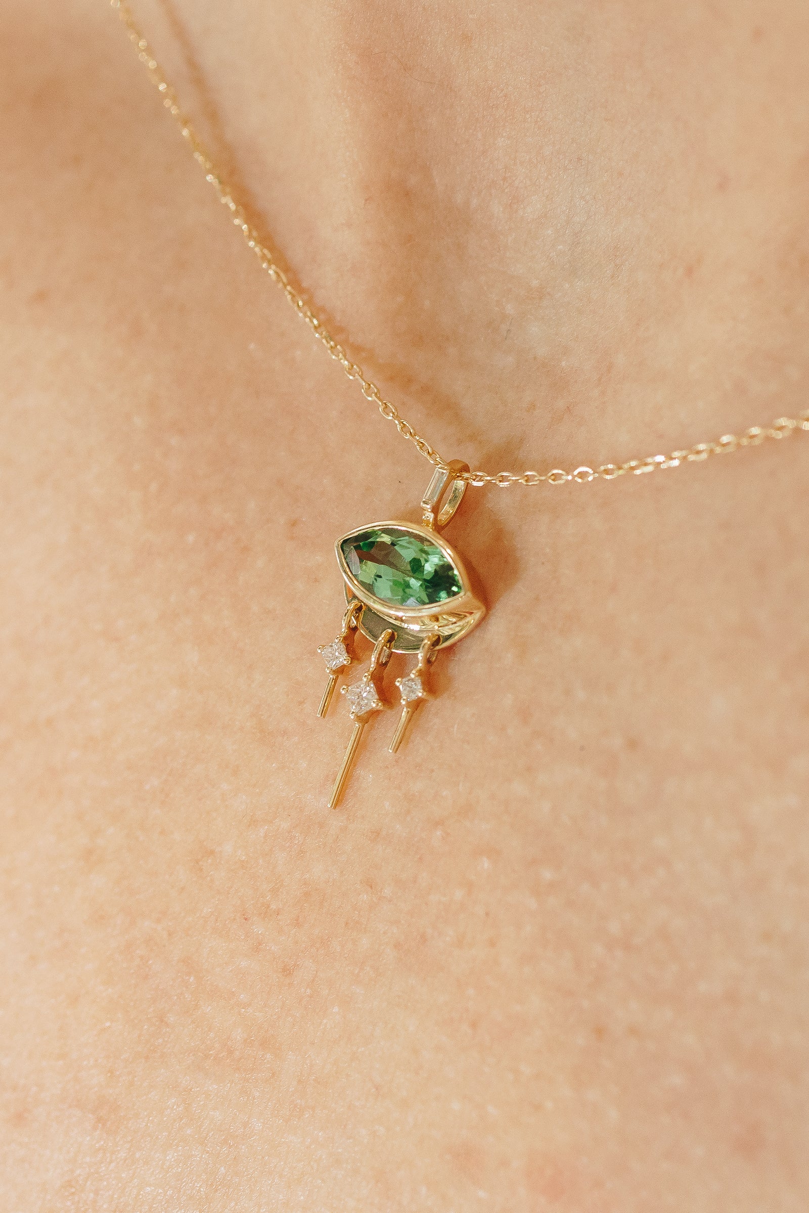 Celine Daoust tourmaline marquise eye and dangling diamonds chain necklace in 14k yellow gold