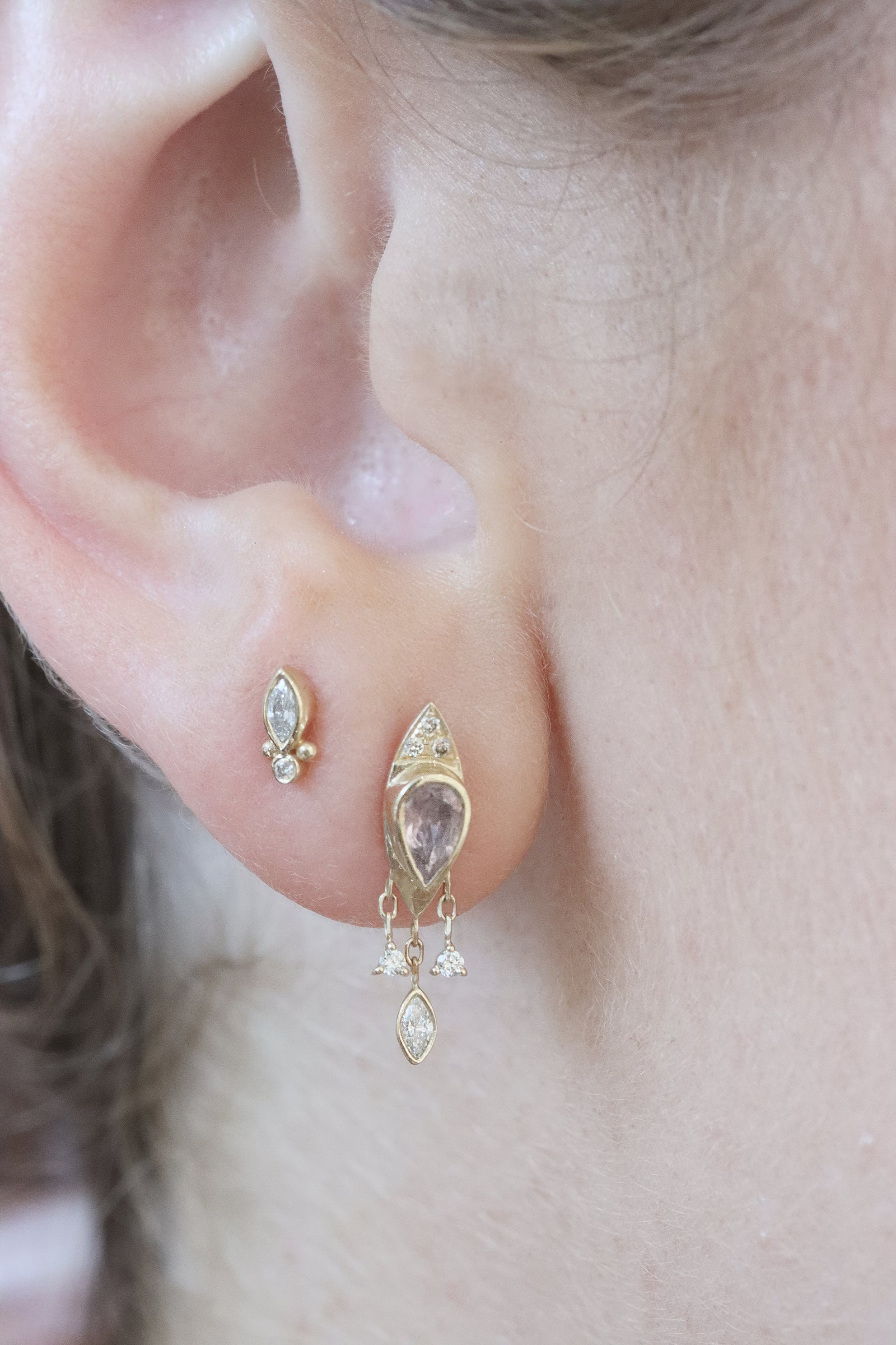 Celine Daoust tourmaline pear and diamonds stud earring in solid 14k yellow gold