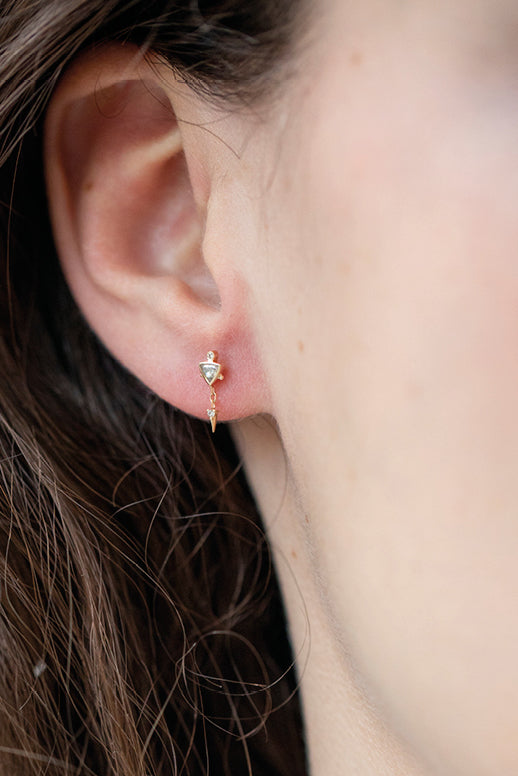 Celine Daoust diamond triangle single earring in 14k gold with dangling detail. Mandala inspired, available at Mickey Lynn.