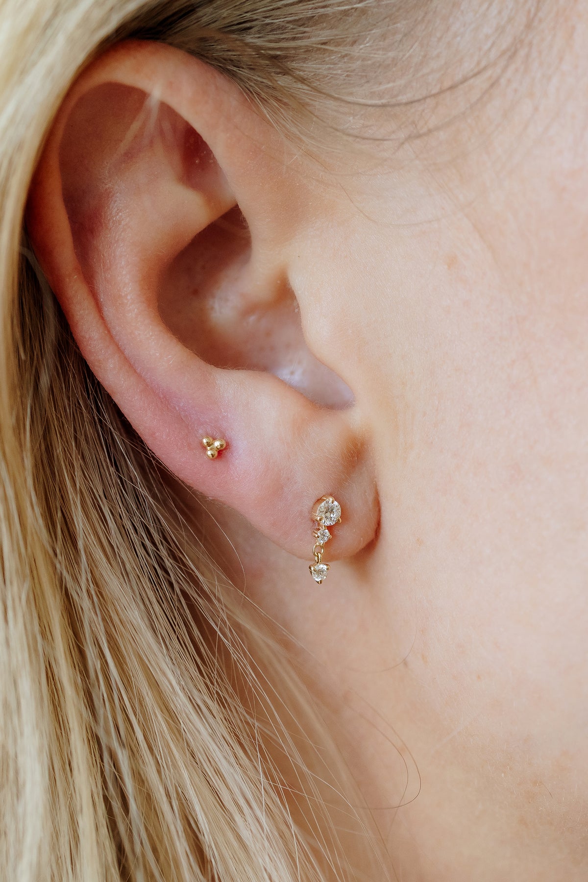 Triple lab diamond drop threaded flat back stud in 14K yellow gold