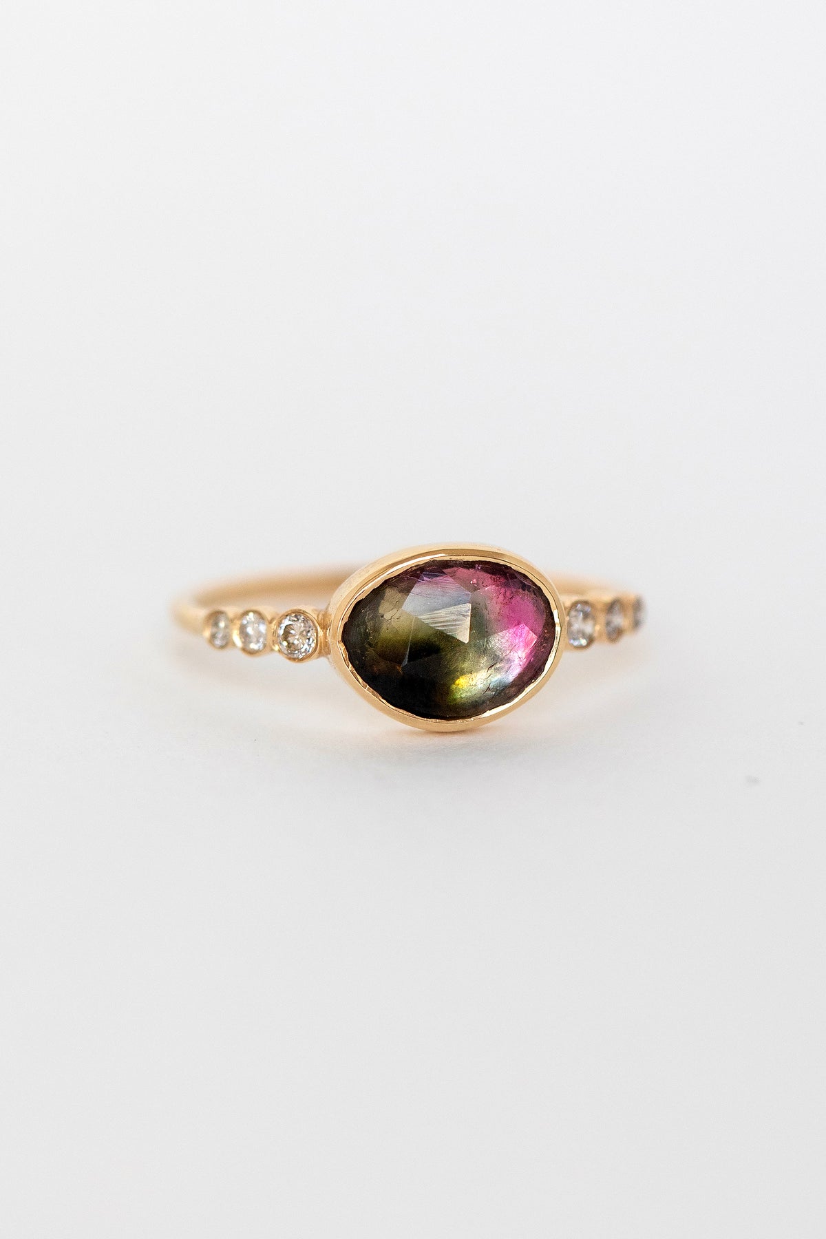 Celine Daoust watermelon tourmaline and diamonds ring in solid 14k yellow gold