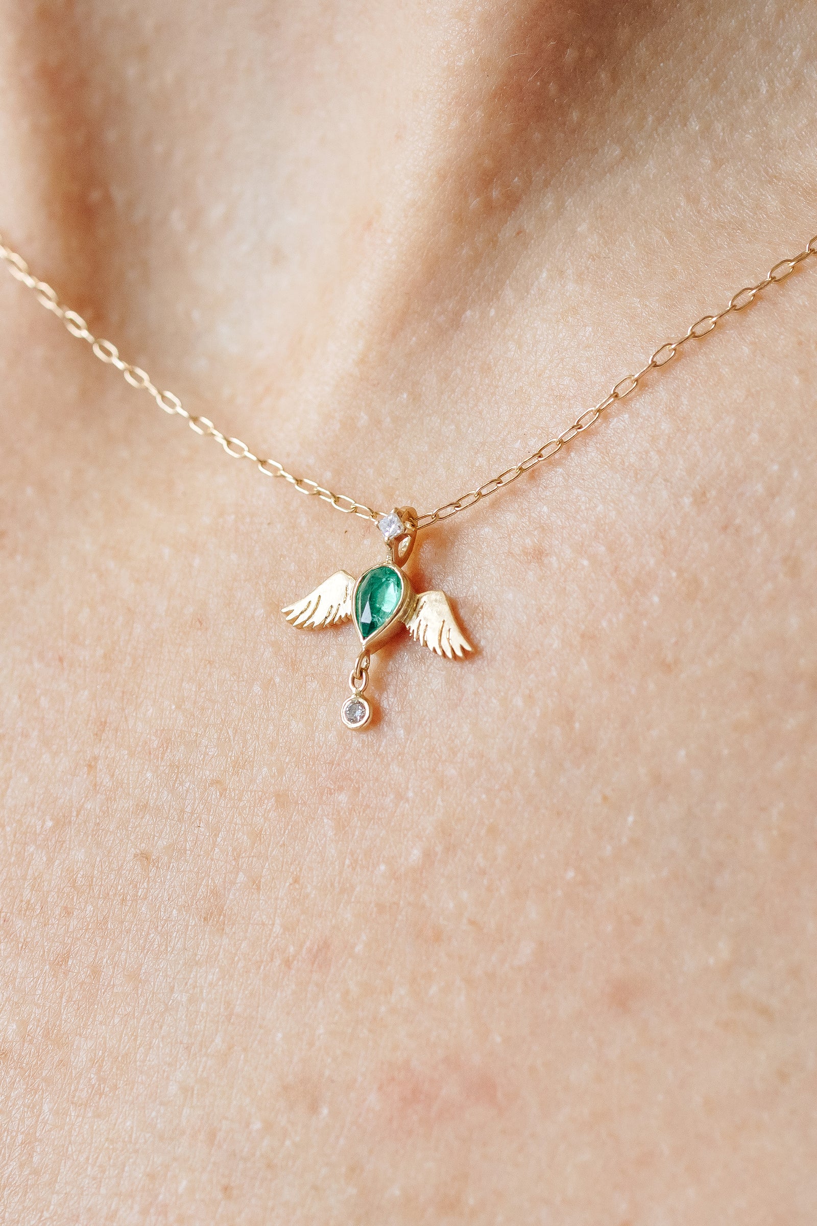 Celine Daoust pear emerald and diamonds angel chain necklace in solid 14k yellow gold