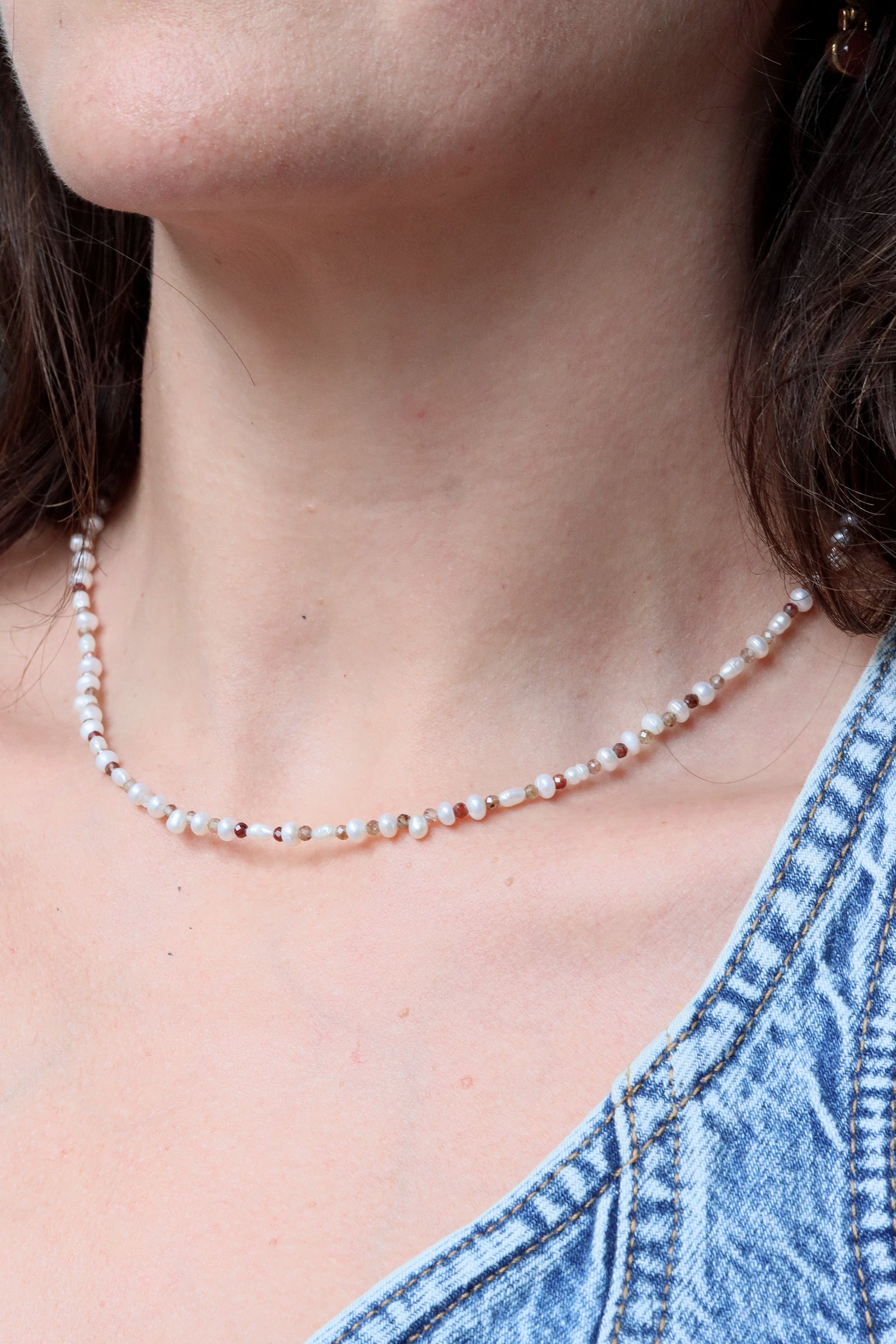 Chocolate zircon and pearl beaded necklace, handmade by Mickey Lynn in Atlanta