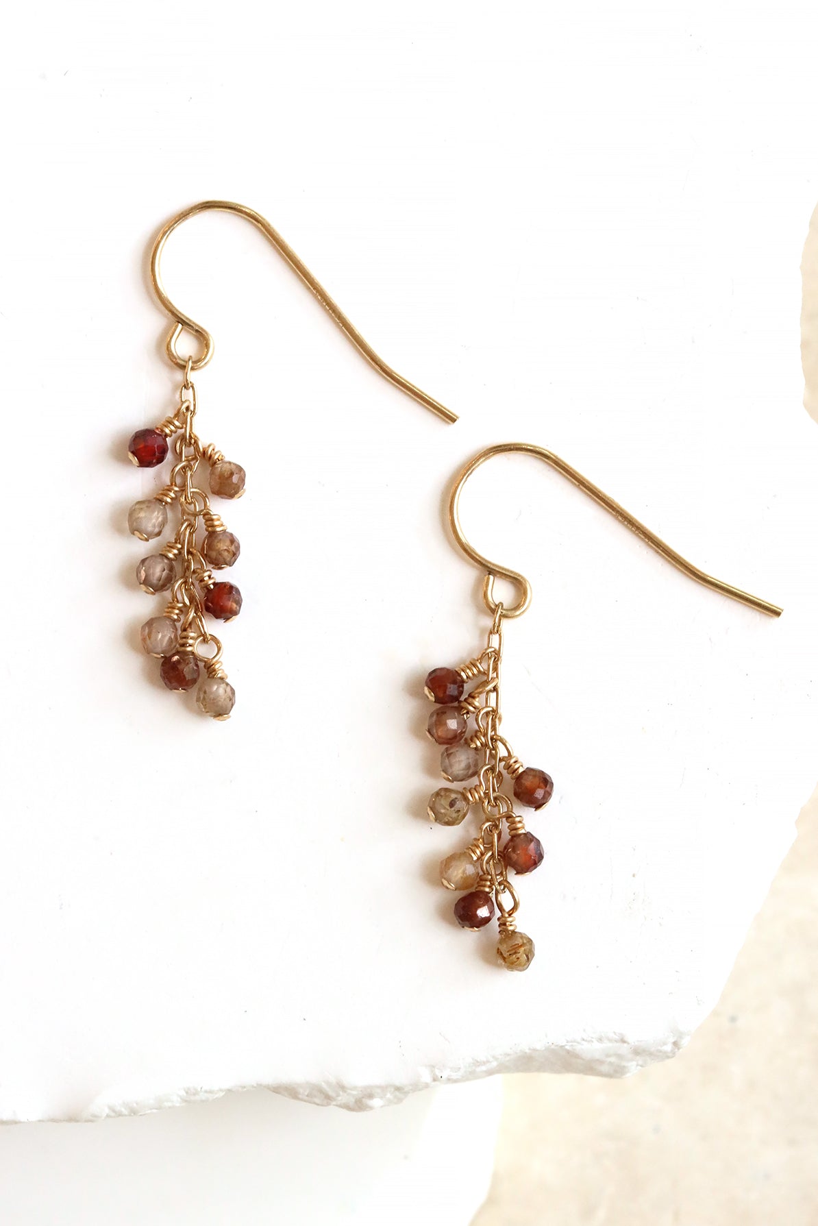 Chocolate zircon Breeze earrings with cascading gold filled drops, handmade by Mickey Lynn in Atlanta