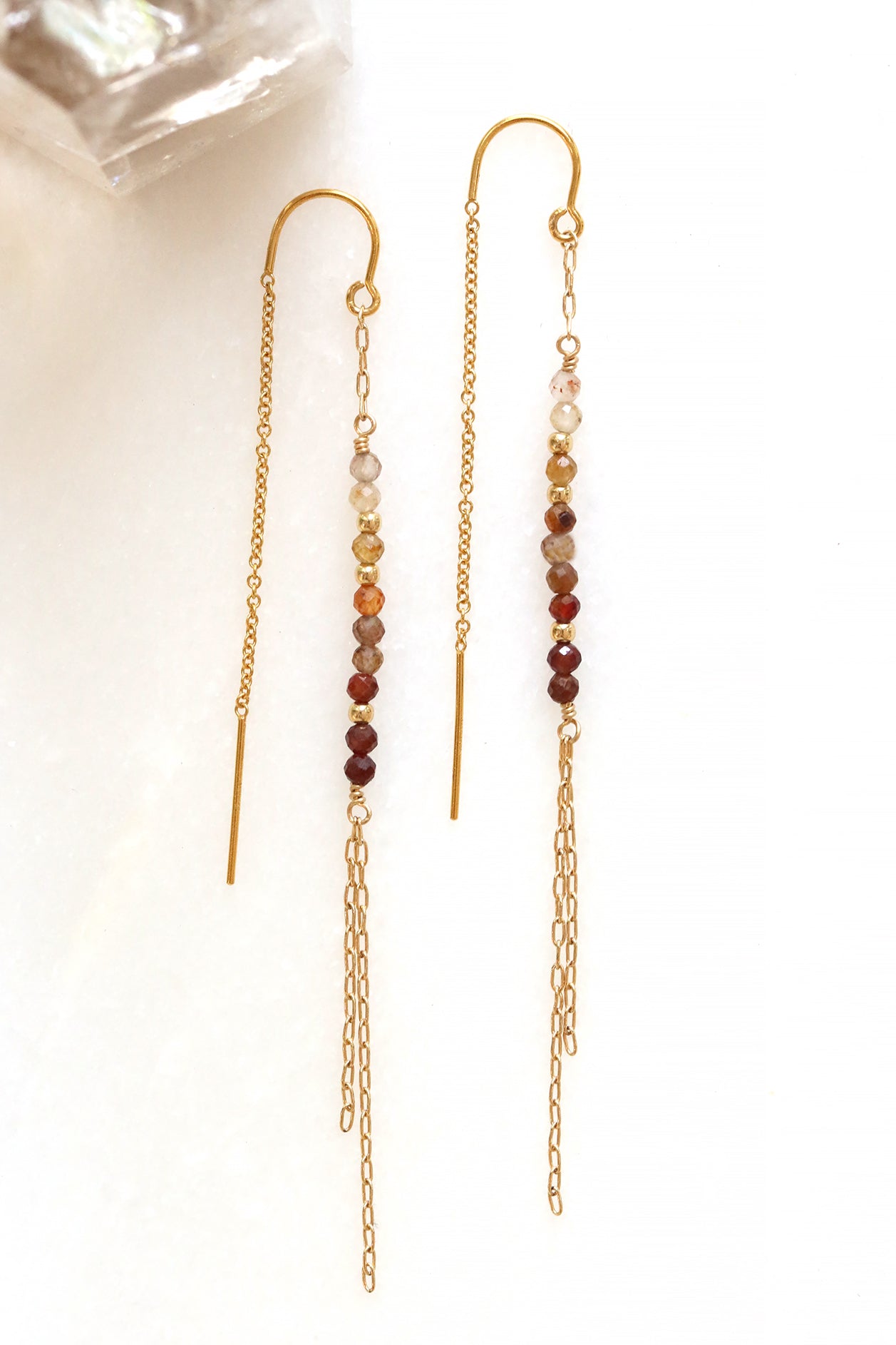 Chocolate zircon threader earrings with gold fill chain, handmade by Mickey Lynn in Atlanta