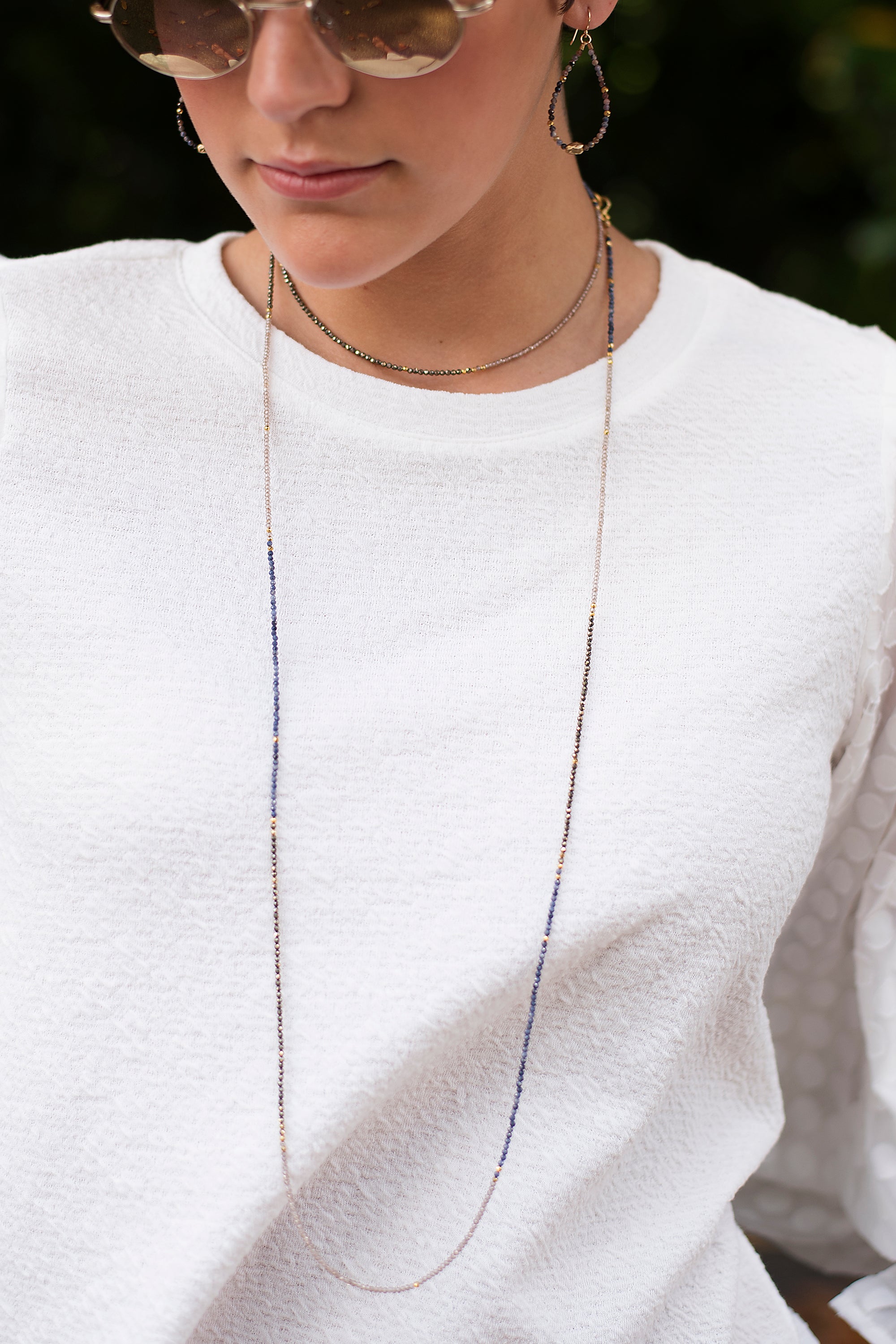 Sapphire Zircon and Pyrite Long Layering Necklace