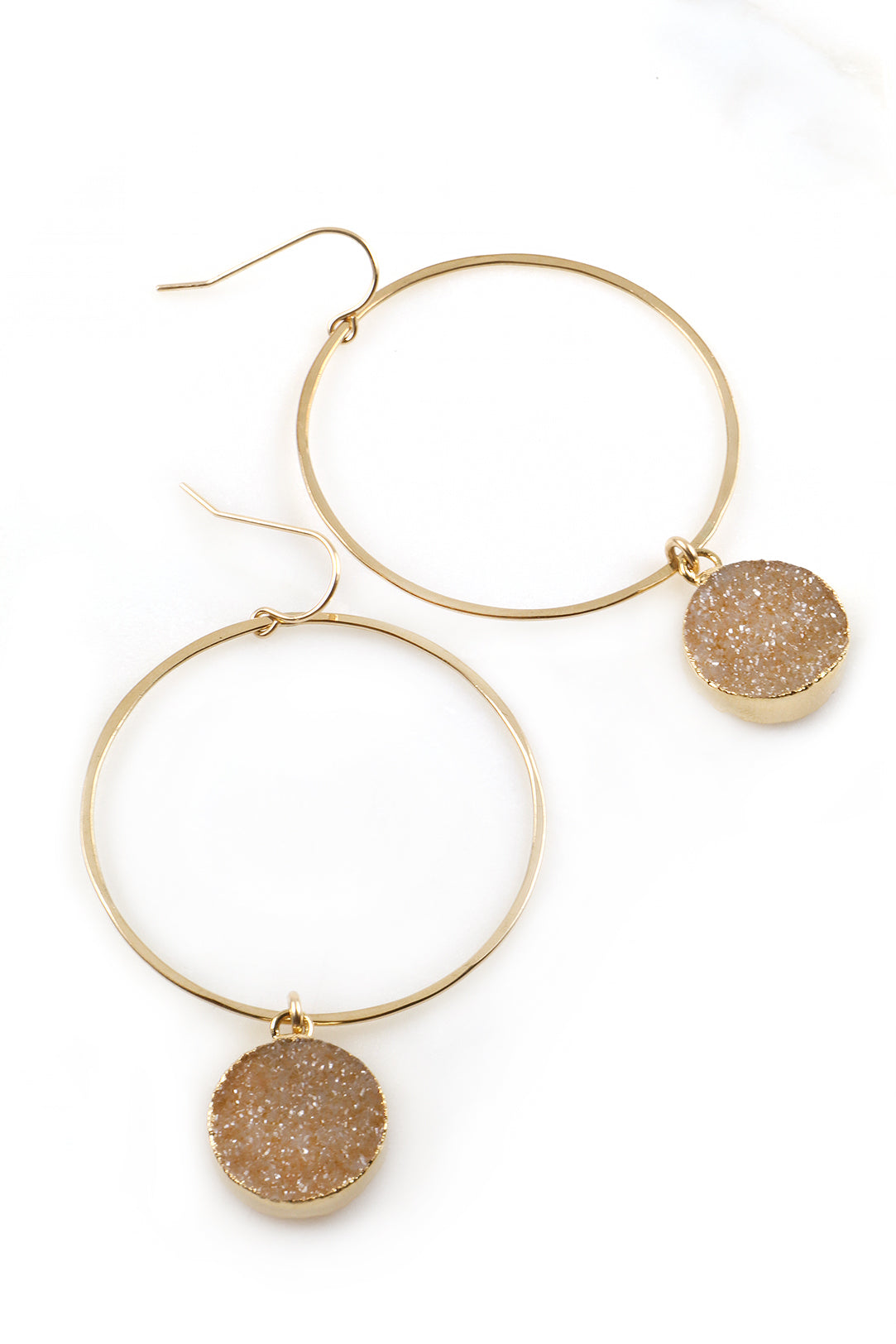 Hammered Gold Hoop Earrings with Round Druzy