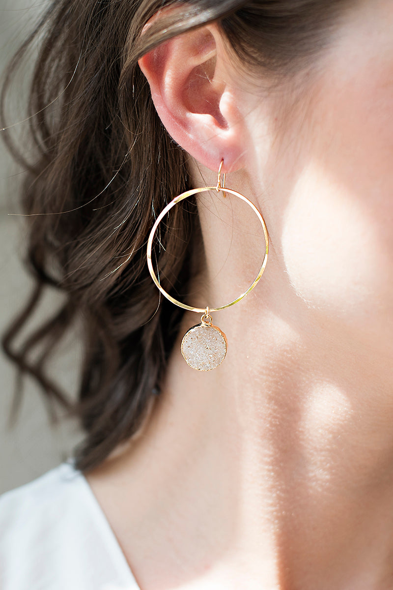 Hammered Gold Hoop Earrings with Round Druzy